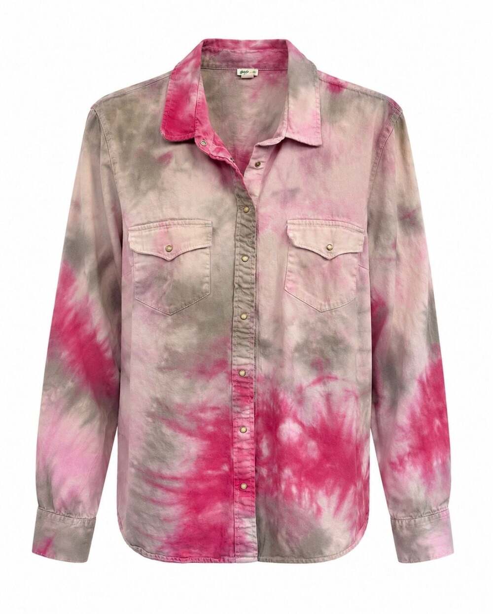 Aerie Pink and Grey Tie-Dye Western Snap-Front Long Sleeve Shirt